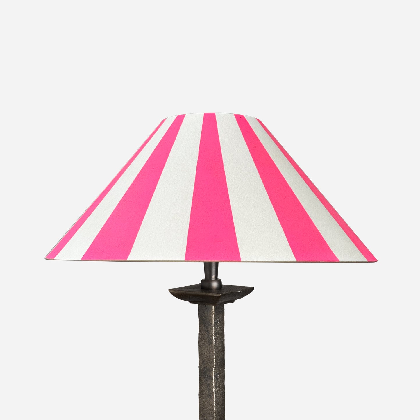 Studio Zef cone lampshade with bold neon pink and cream stripes, a modern geometric lampshade design perfect for colourful lampshade styling and striped lighting interiors.