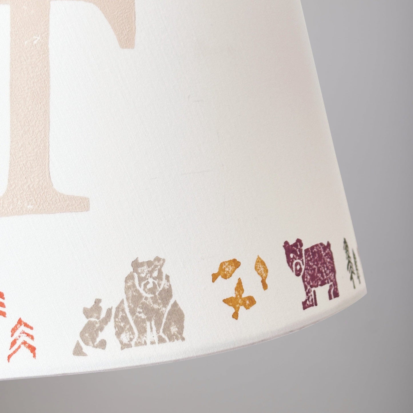 Close-up of kids bear lampshade showing hand-printed bears and woodland details. A personalised lampshade and animal lampshade for kids bedrooms, perfect as a personalised kids gift.