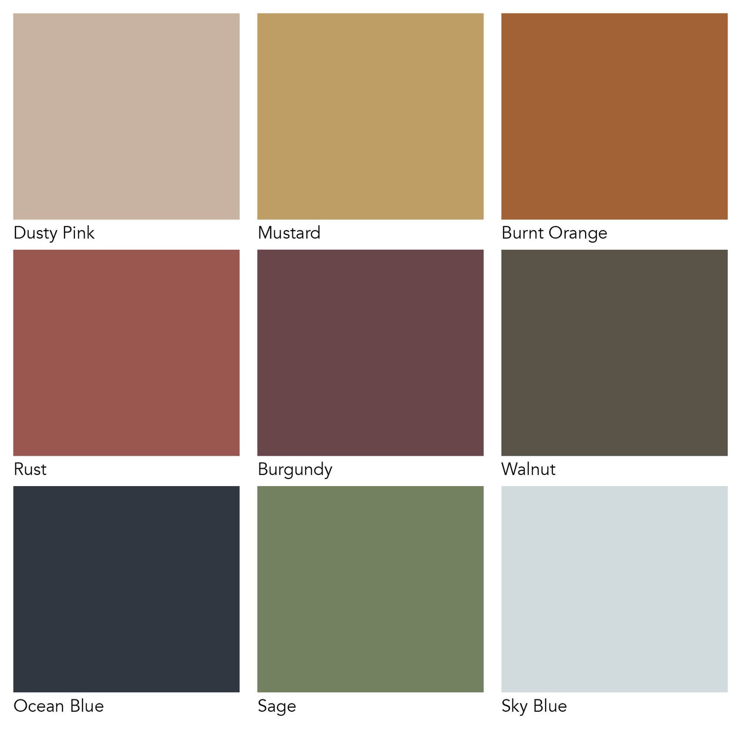 A colour swatch showcasing all of Studio Zef's stock colours. All their empire lampshades can be hand printed in any of these colours.