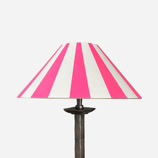 Studio Zef cone lampshade with bold neon pink and cream stripes, a modern geometric lampshade design perfect for colourful lampshade styling and striped lighting interiors.