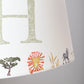 Close-up of colourful safari lampshade with lion, zebra and tree prints. Personalised lampshade detail showing handmade safari animal design, ideal for animal lampshade in kids bedroom decor.