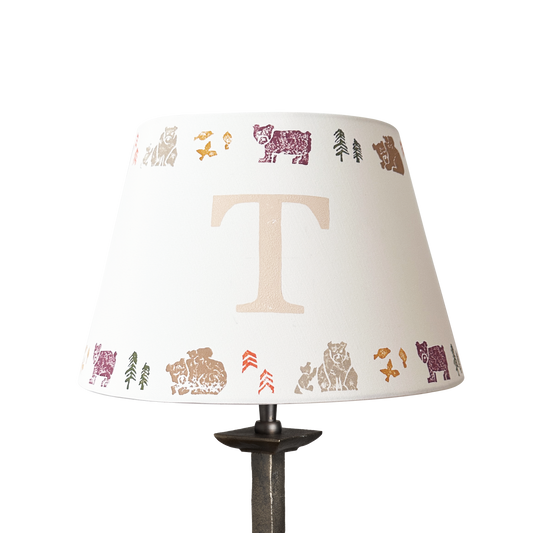 Personalised kids lampshade with bears around the top and bottom, and letter printed in the middle