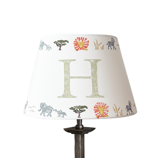 Personalised kids lampshade with safari animals printed at the top and bottom