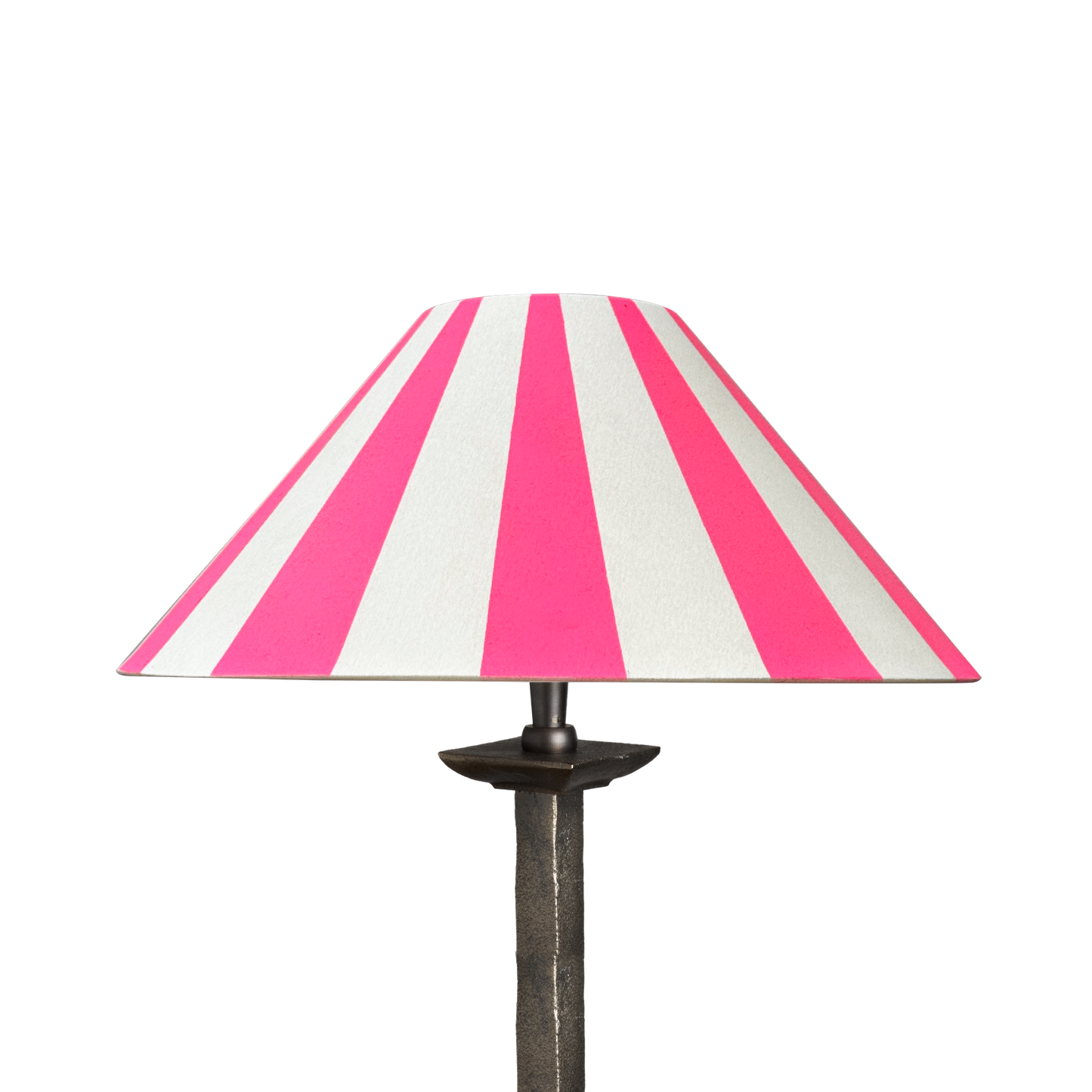 Neon pink and white striped lampshade on an iron lamp stand, set against a transparent background.