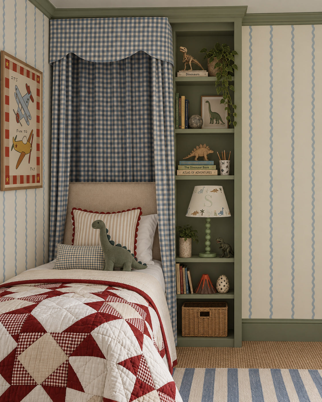 Boy’s bedroom with built-in bed, blue gingham canopy and personalised dinosaur lampshade, styled with dinosaur toys and colourful children’s decor.