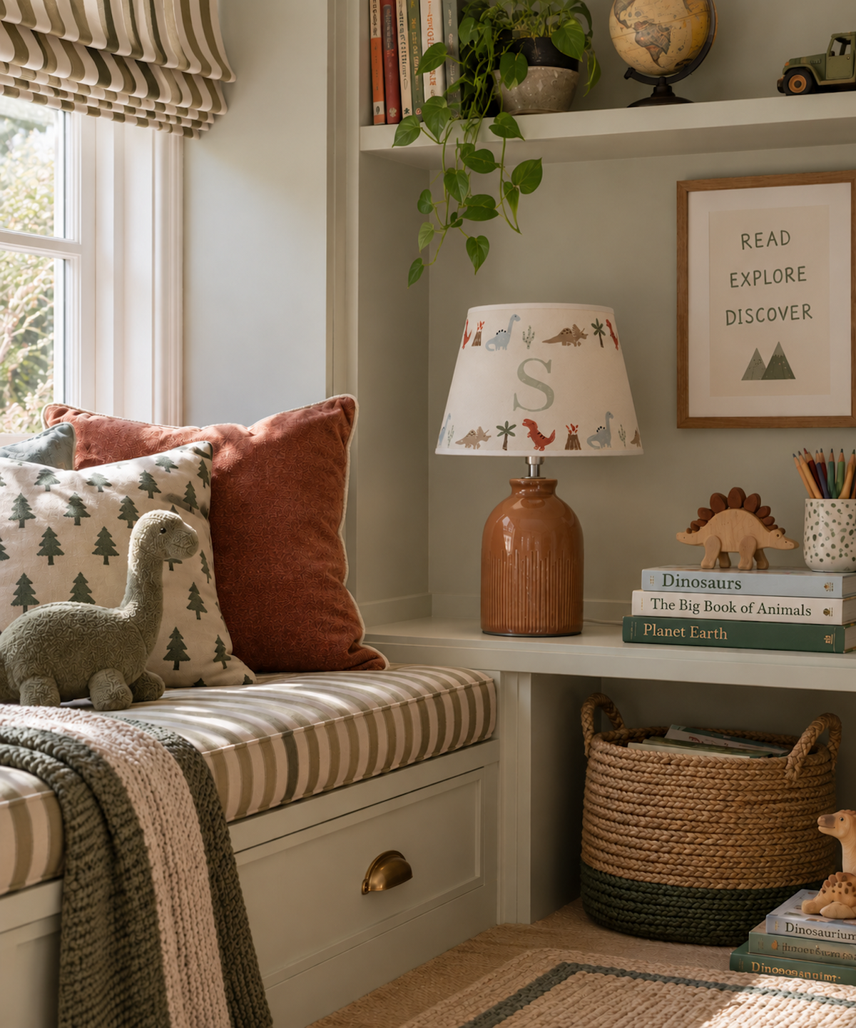 A styled children's room corner with a striped bench cushion, dinosaur-themed pillows, a ceramic lamp with a dinosaur-print shade, and a bookshelf in a light gray room.