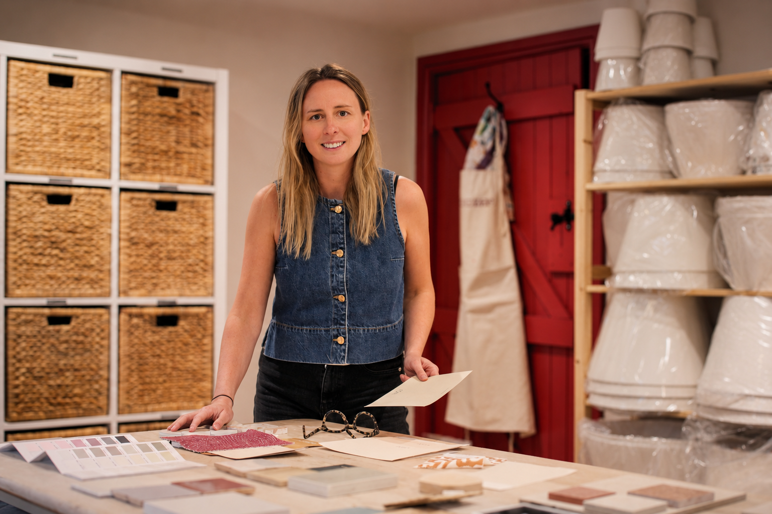 Woman standing in an interiors design studio with shelves of lampshades and basket storage.