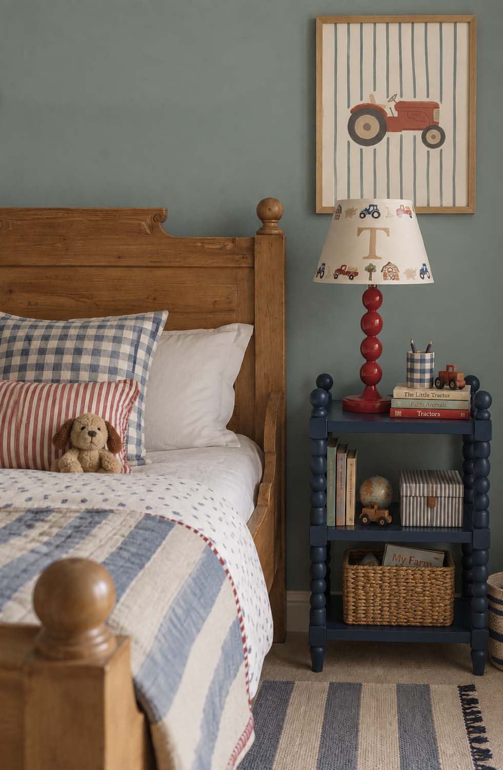 A styled children's bedroom corner featuring a wooden bed with blue and white striped bedding, a navy blue nightstand with a red lamp and books, and a framed tractor print on a muted blue-gray wall.