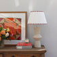 Large empire lampshade in cream with burgundy triangle pattern sitting on a sculptural stone lamp base, a bold lampshade with geometric detail, ideal for colourful lampshade styling.