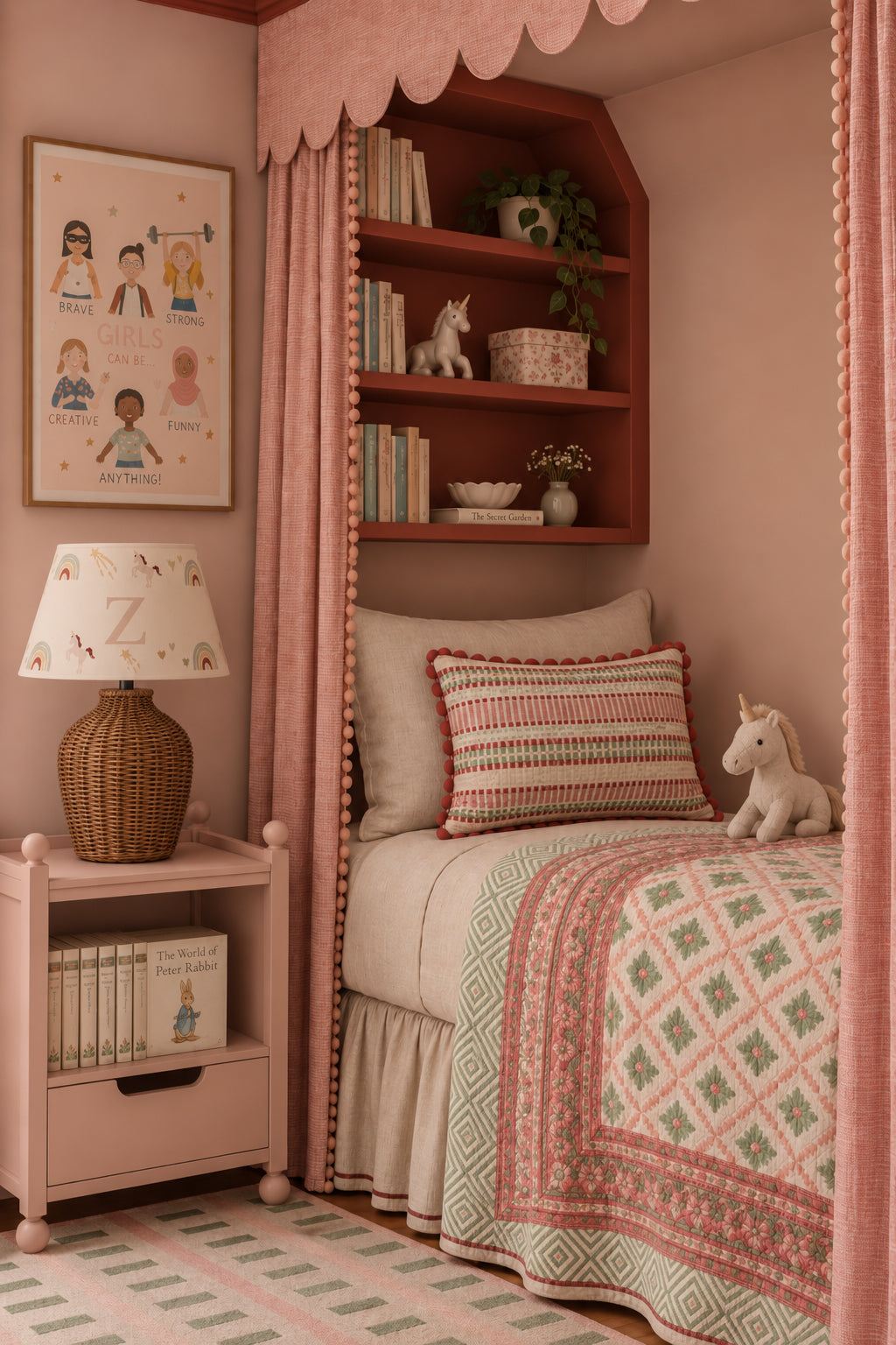 A cozy children's bedroom featuring a single bed dressed in pink and green patterned bedding, a matching canopy with scalloped trim, a pink nightstand with a wicker lamp, and a built-in wooden shelf with books and small decor items.