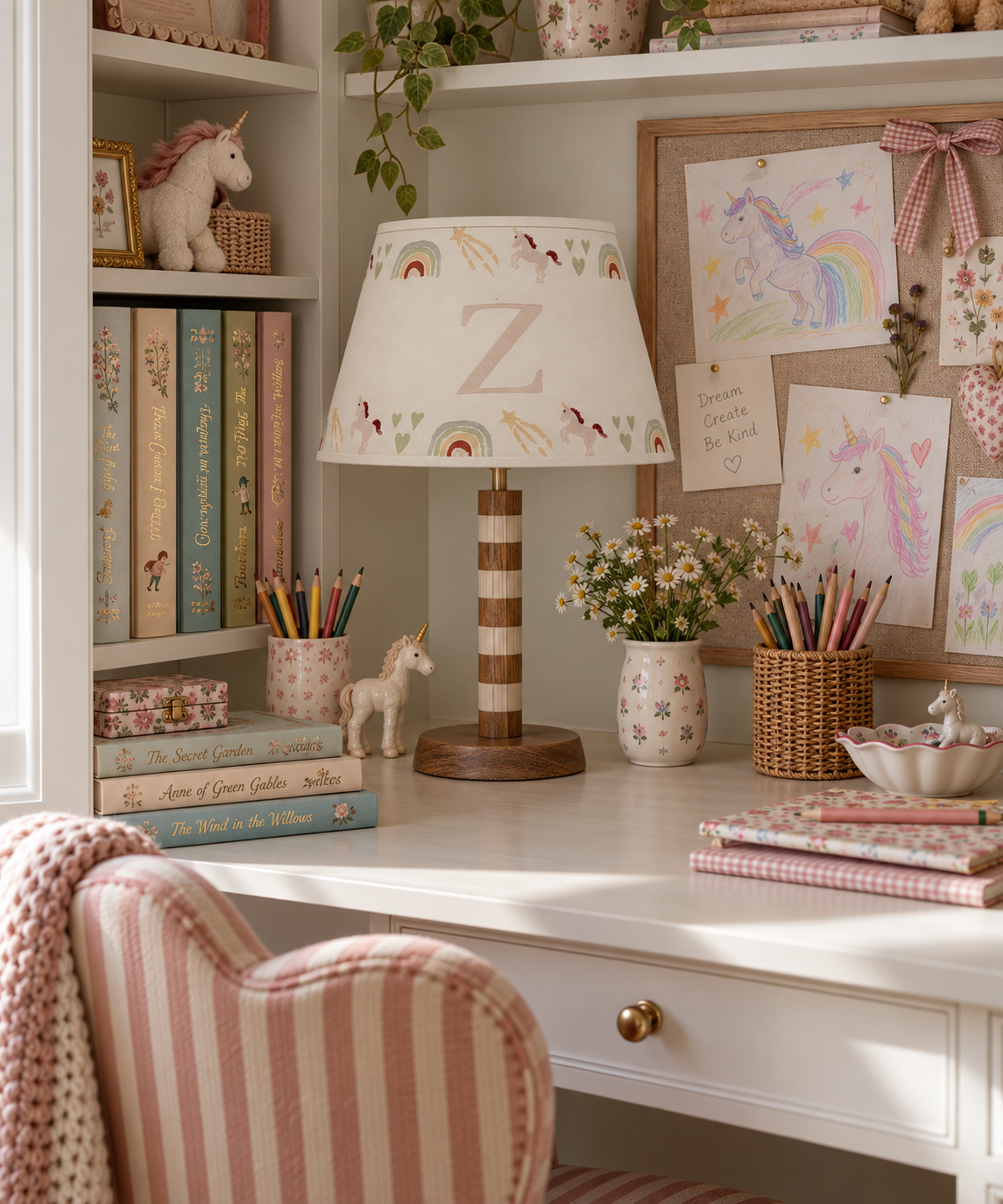 A styled children's desk featuring a decorative table lamp with a cream fabric shade printed with pastel rainbows and a large letter 'Z', alongside a pink-and-white striped chair, books, pencils, and framed unicorn artwork.