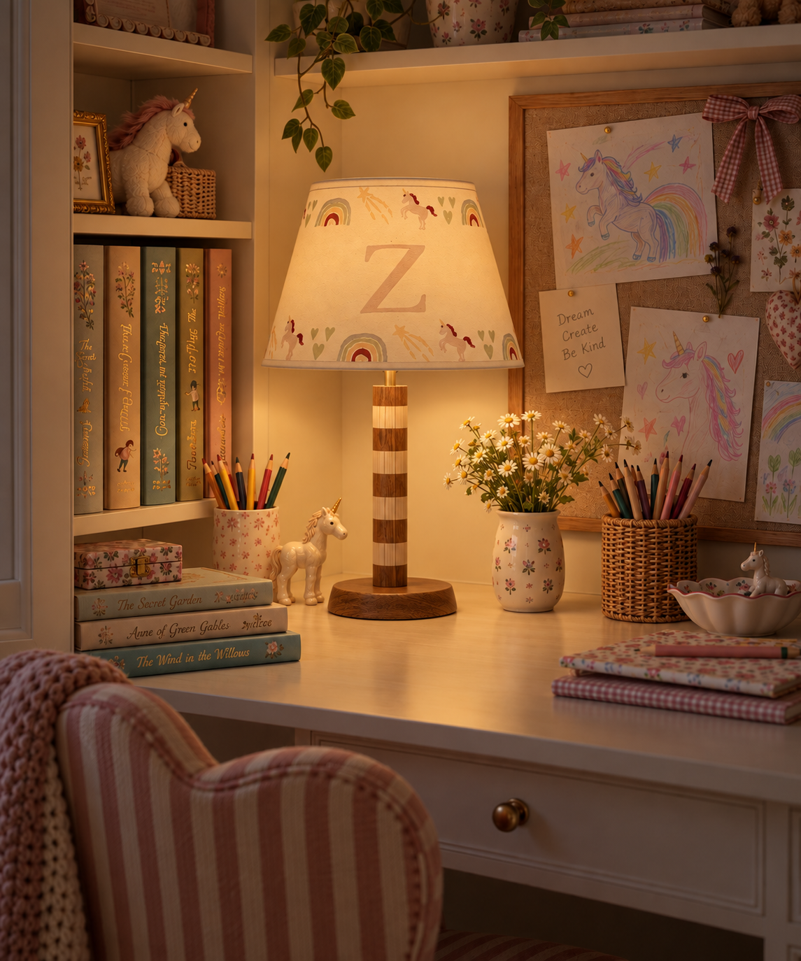 A cozy, warmly lit children's study desk featuring a decorative table lamp with a unicorn-patterned shade and a striped base. The desk is styled with books, colorful pencils, a small unicorn figurine, a vase of daisies, and a pink-and-white striped chair in the foreground.